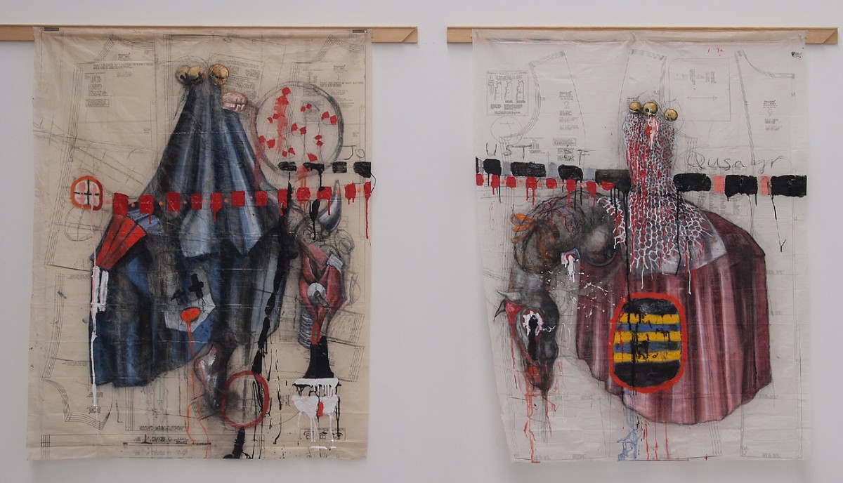 ”Joust of Qusayr” oil on dress pattern, each 120cm x 148cm